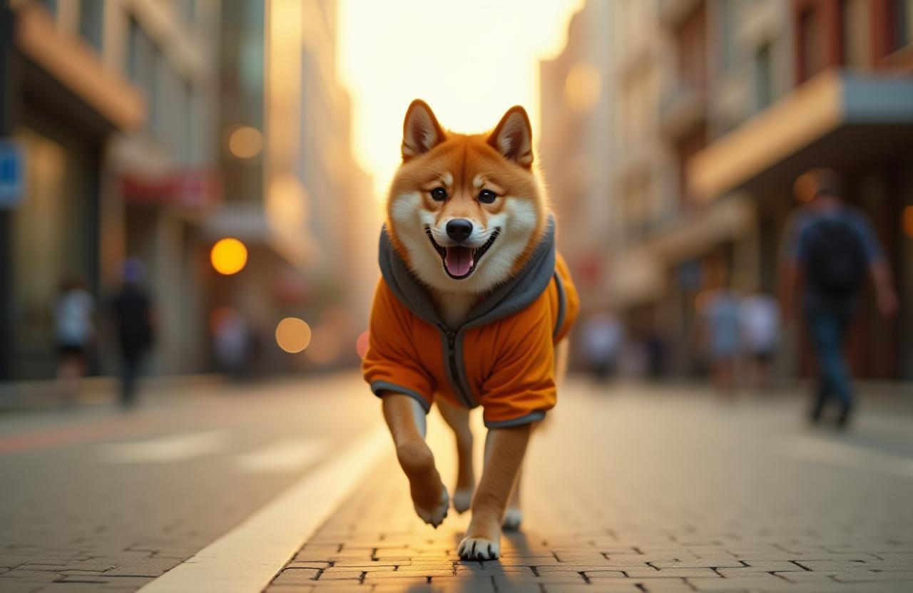 おしゃれな犬服を着た柴犬が街を歩いている様子